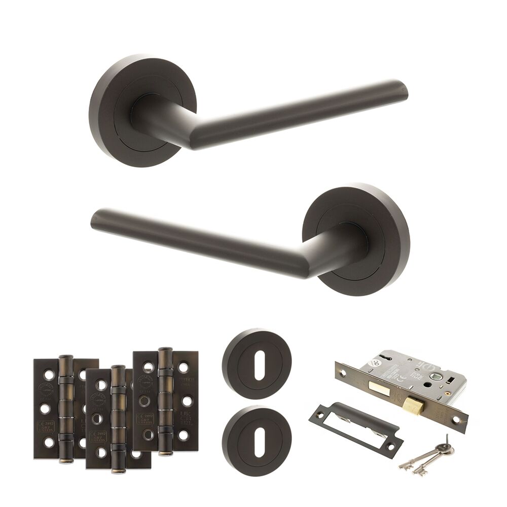 STATUS Alabama Door Handle Pack (3 Lever Lock Set - 3" CE Sashlock, 3" Fire Rated Hinges x3) - Urban Dark Bronze