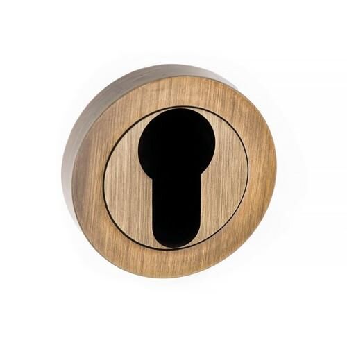 Atlantic Handles Forme Euro Escutcheon on Contempo Round Rose in a Yester Bronze Finish