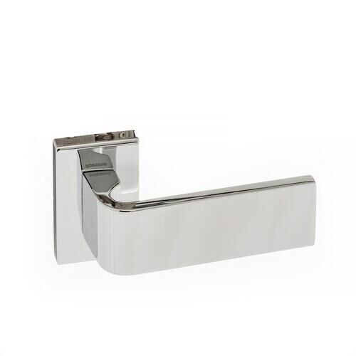 Atlantic Handles Monza Forme Designer Lever on Minimal Square Rose in a Polished Chrome Finish Pair of Door Handles