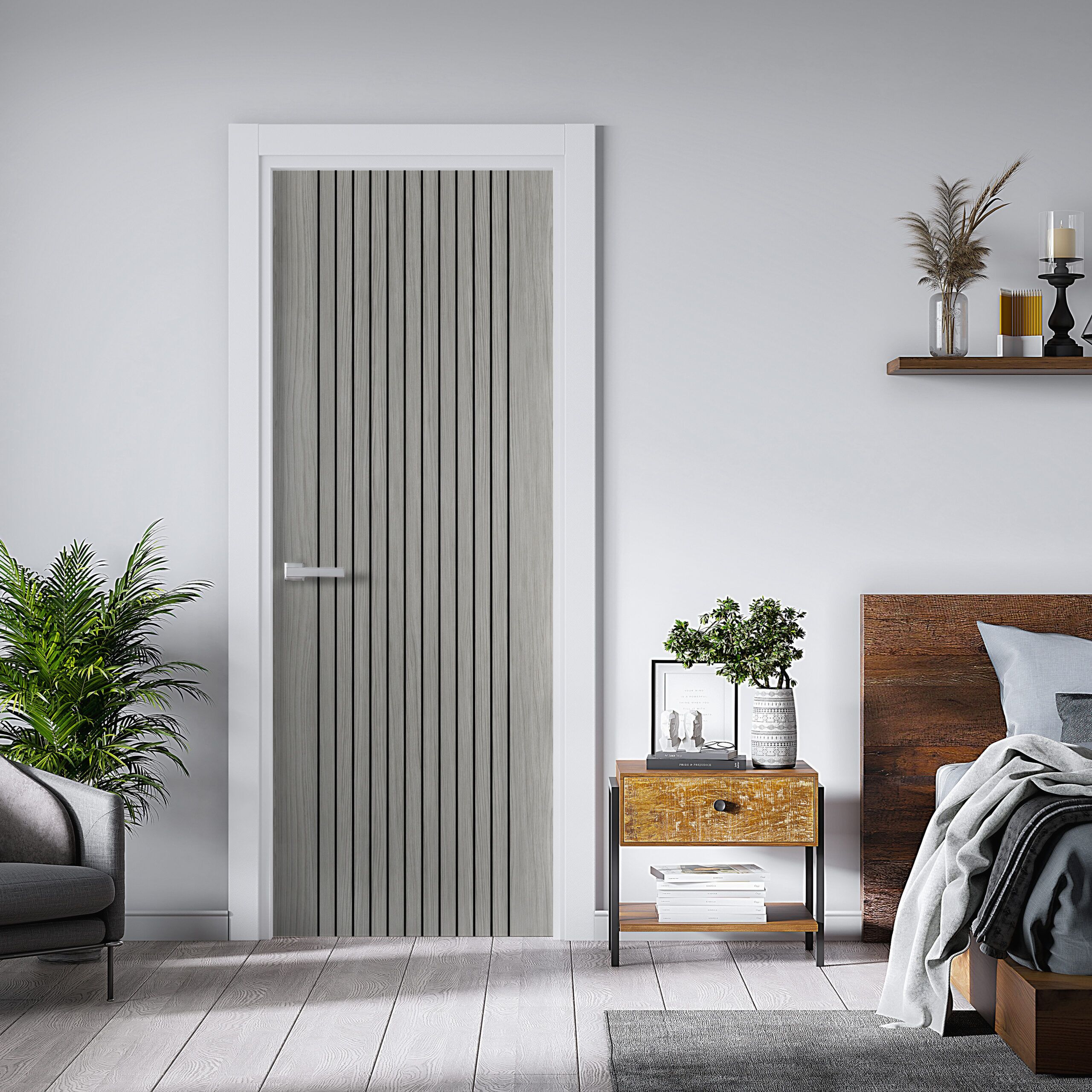 modern bedroom with side table with white door and sofa with ind