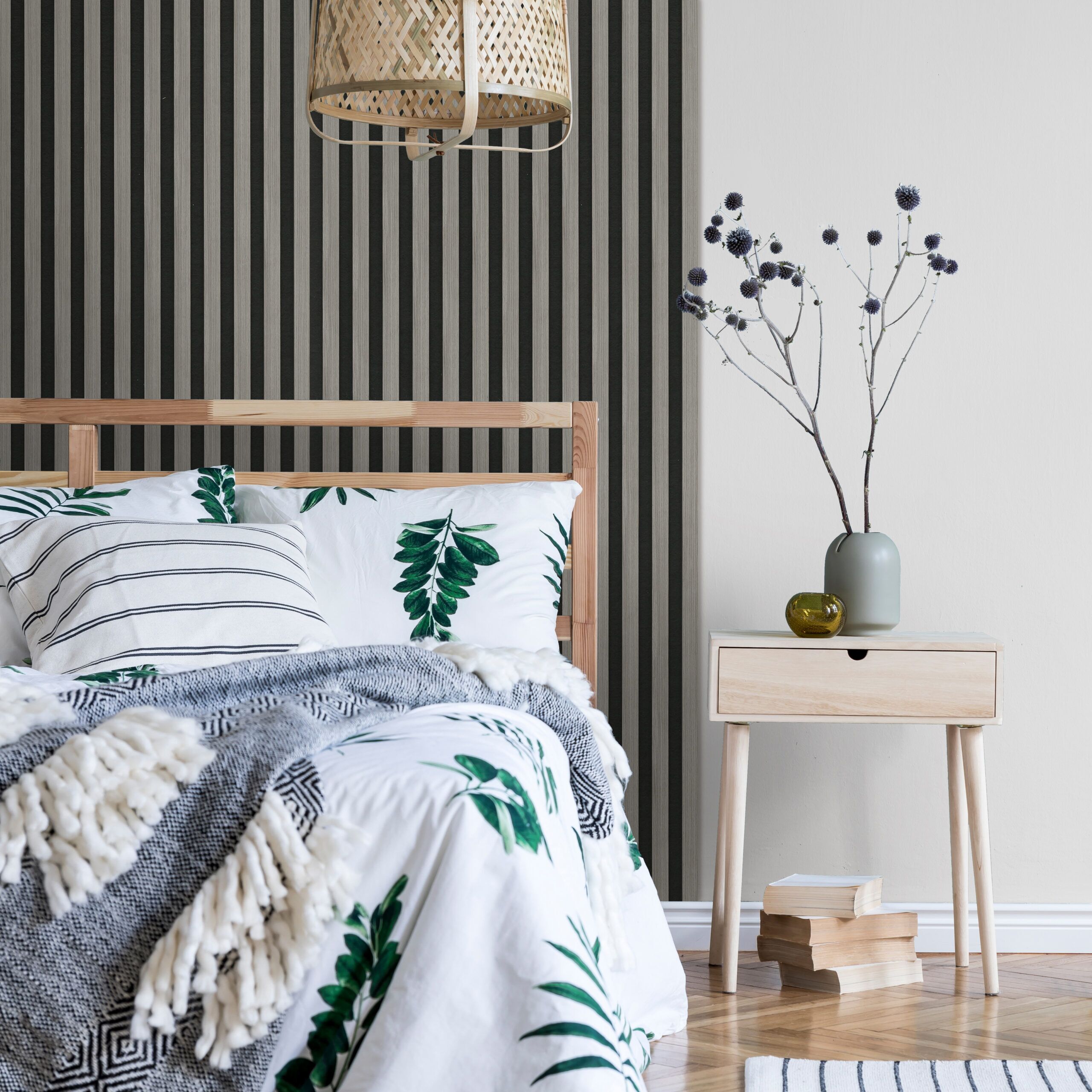 Minimalistic composition of bedroom interior with wooden bed, sh